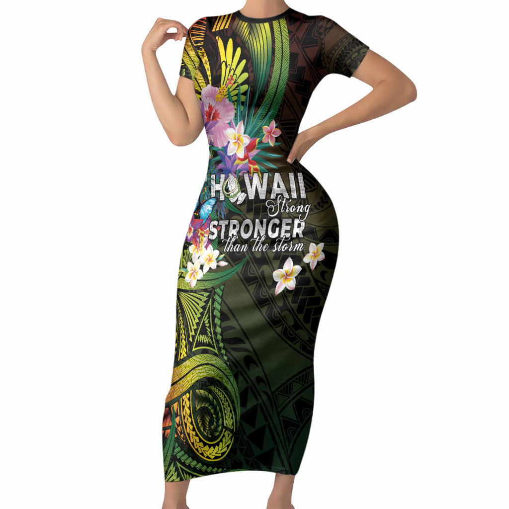 Hawaii Strong Short Sleeve Bodycon Dress Polynesian Tribal Tropical Flowers