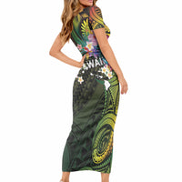 Hawaii Strong Short Sleeve Bodycon Dress Polynesian Tribal Tropical Flowers
