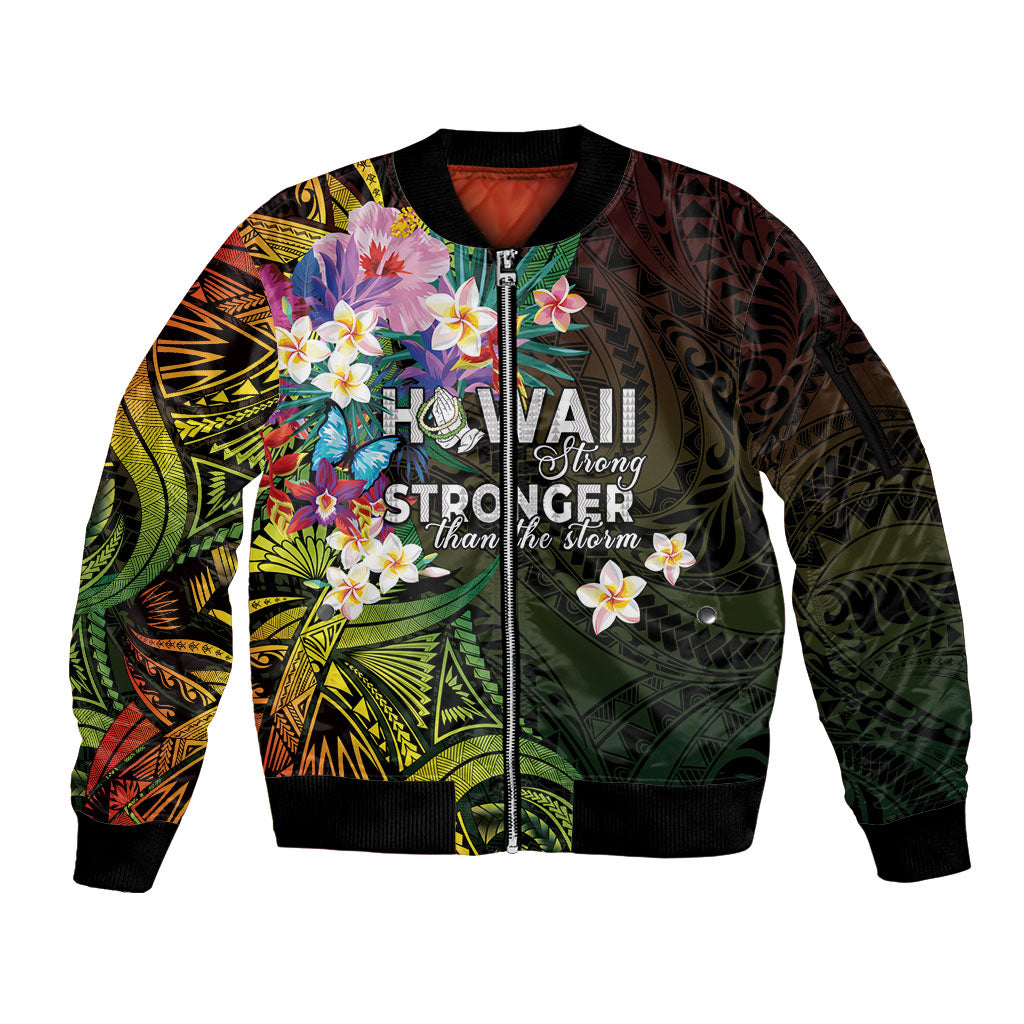 Hawaii Strong Sleeve Zip Bomber Jacket Polynesian Tribal Tropical Flowers