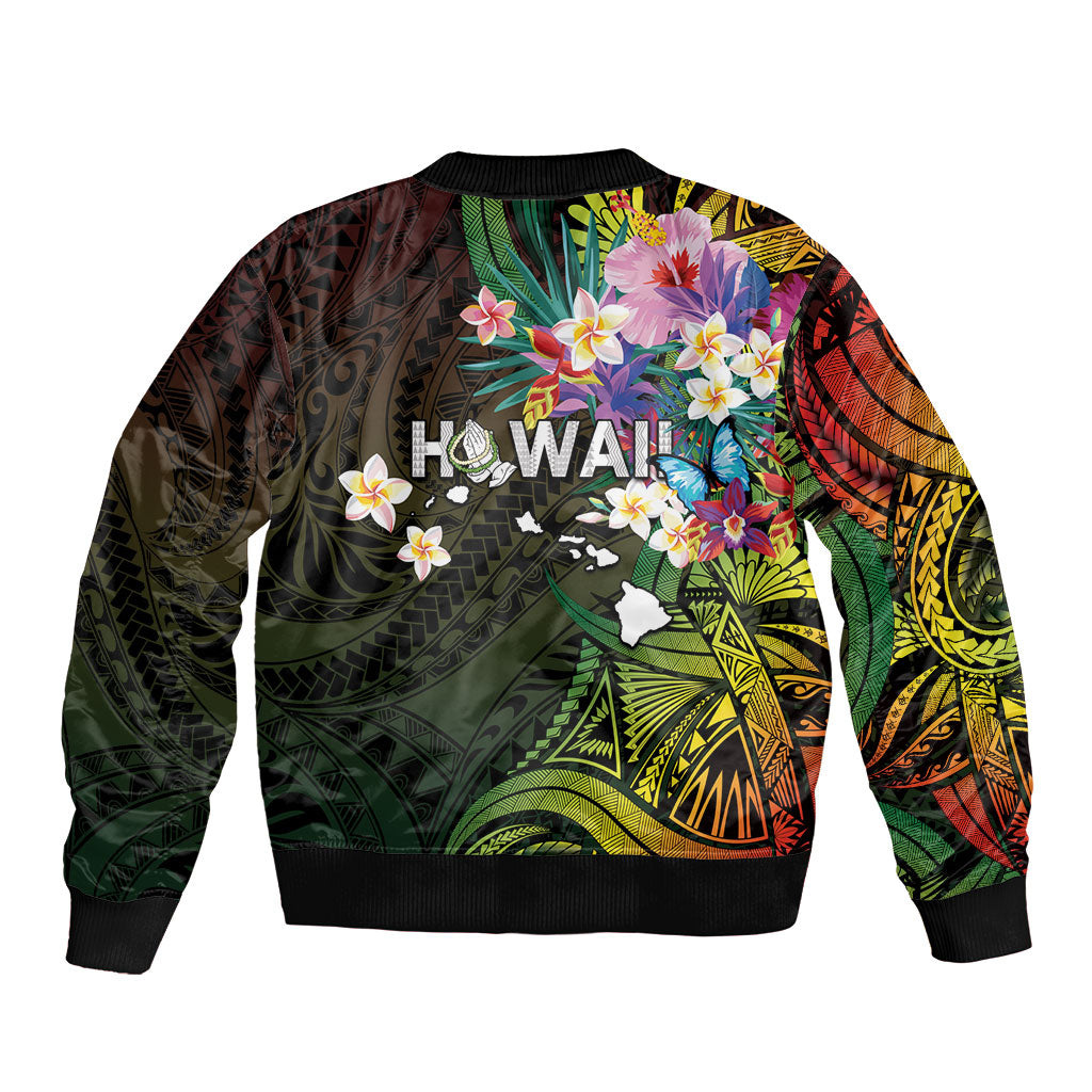 Hawaii Strong Sleeve Zip Bomber Jacket Polynesian Tribal Tropical Flowers