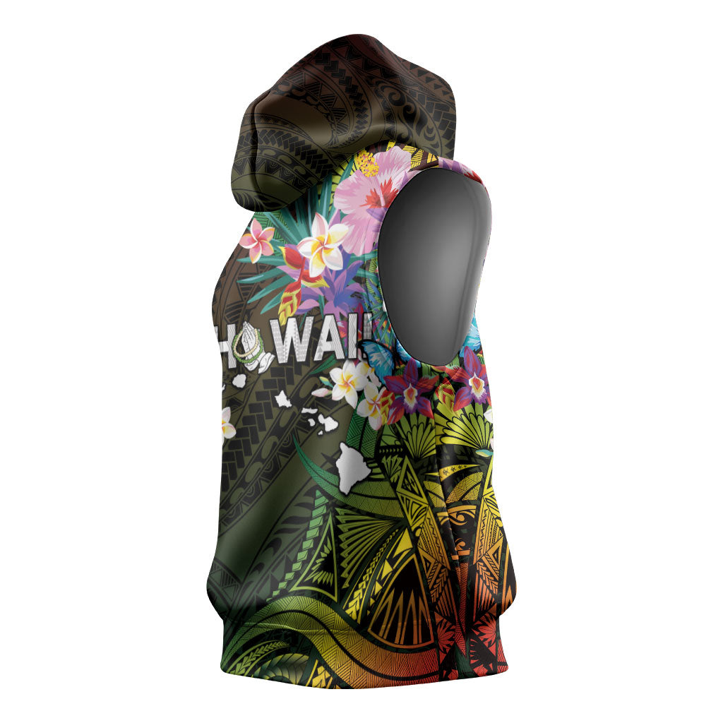 Hawaii Strong Sleeveless Hoodie Polynesian Tribal Tropical Flowers