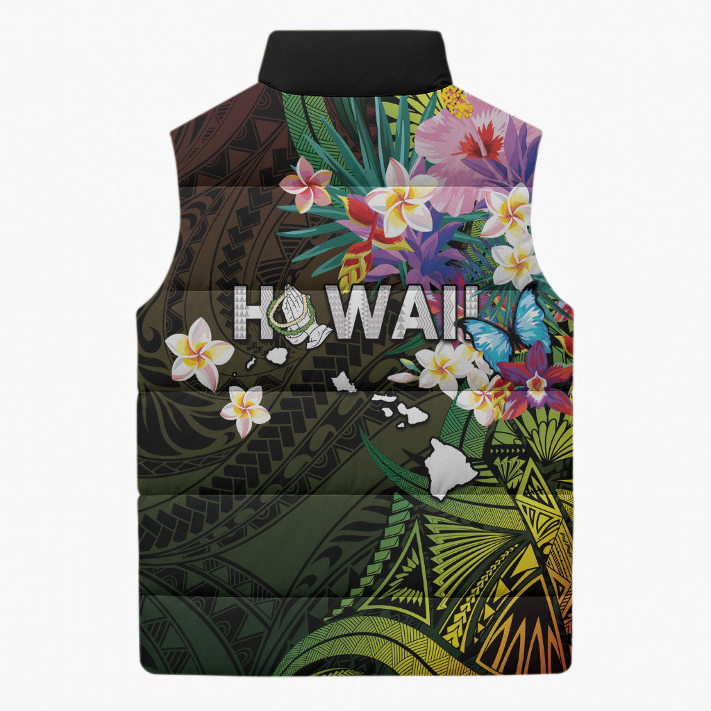 Hawaii Strong Sleeveless Puffer Jacket Polynesian Tribal Tropical Flowers