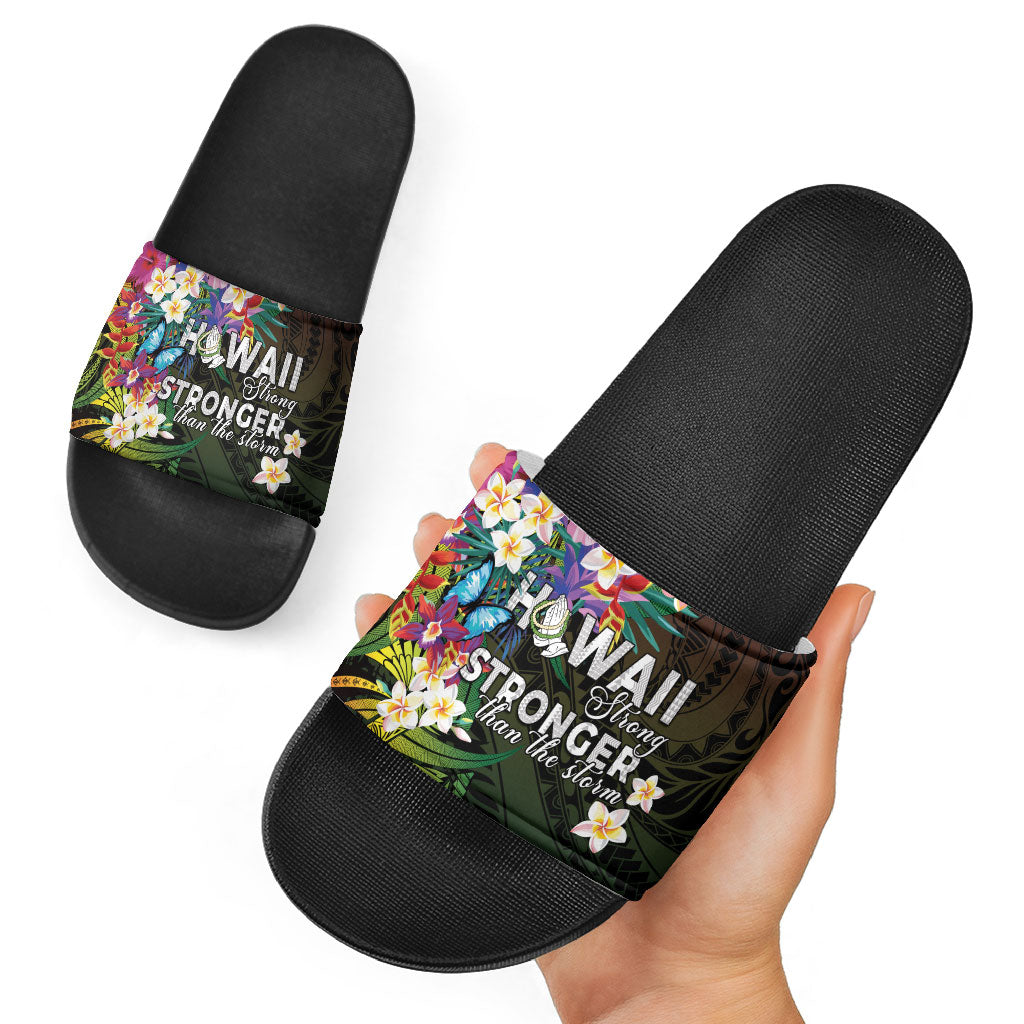 Hawaii Strong Slide Sandals Polynesian Tribal Tropical Flowers