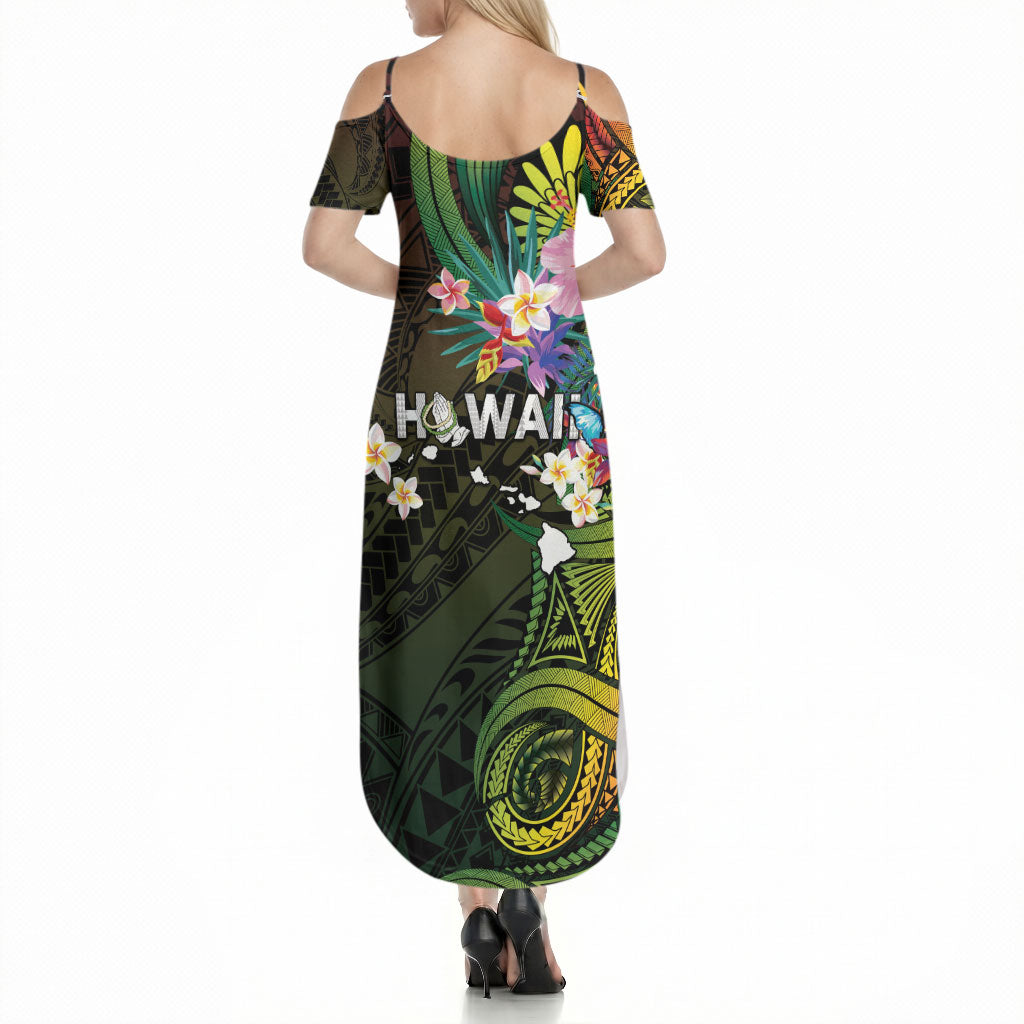 Hawaii Strong Summer Maxi Dress Polynesian Tribal Tropical Flowers