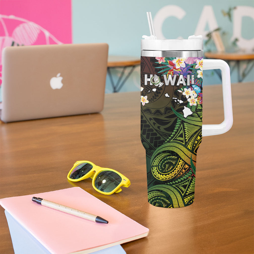 Hawaii Strong Tumbler With Handle Polynesian Tribal Tropical Flowers