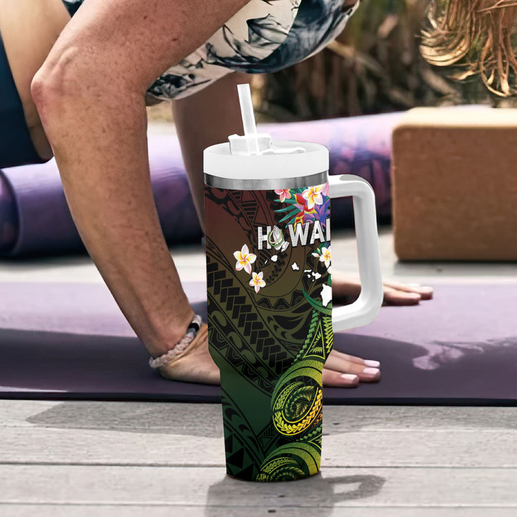 Hawaii Strong Tumbler With Handle Polynesian Tribal Tropical Flowers