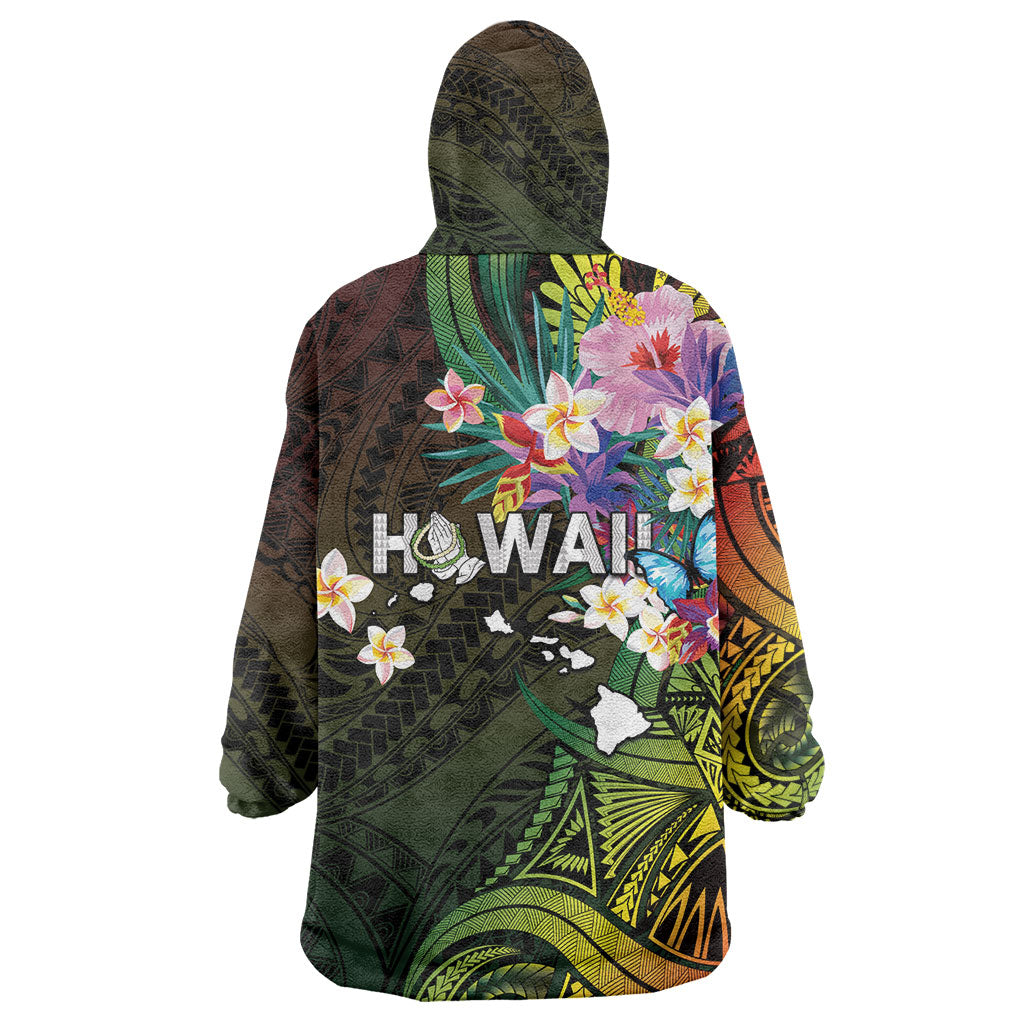 Hawaii Strong Wearable Blanket Hoodie Polynesian Tribal Tropical Flowers