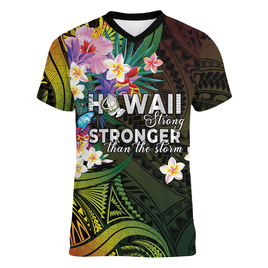 Hawaii Strong Women V-Neck T-Shirt Polynesian Tribal Tropical Flowers