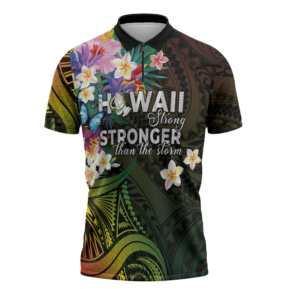 Hawaii Strong Zipper Polo Shirt Polynesian Tribal Tropical Flowers