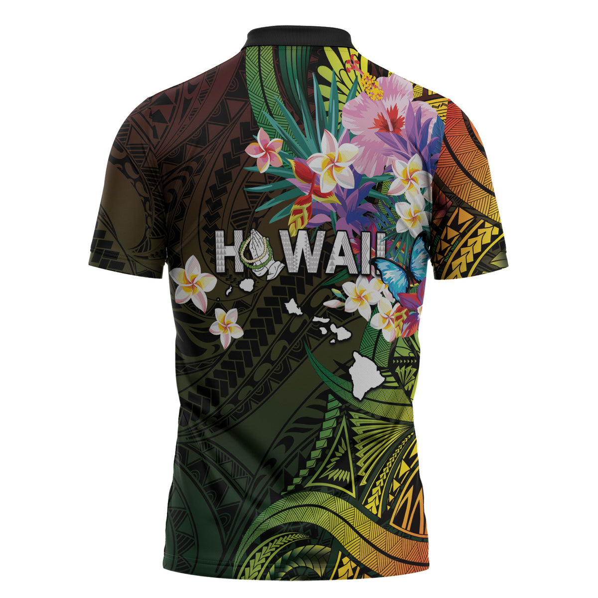 Hawaii Strong Zipper Polo Shirt Polynesian Tribal Tropical Flowers