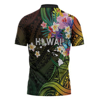 Hawaii Strong Zipper Polo Shirt Polynesian Tribal Tropical Flowers
