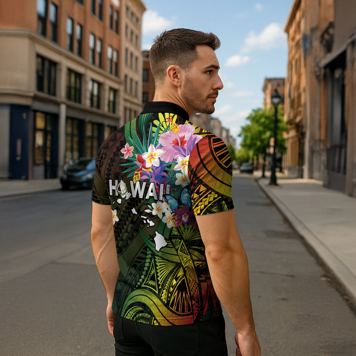Hawaii Strong Zipper Polo Shirt Polynesian Tribal Tropical Flowers