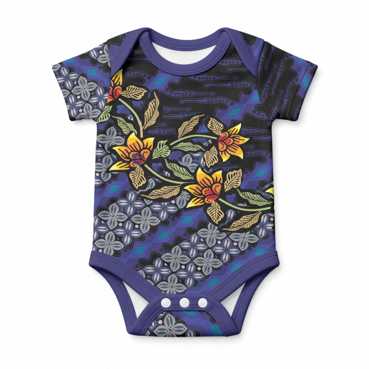 Indonesian Batik Motifs Pattern Floral Art Dark Blue Baby Onesie