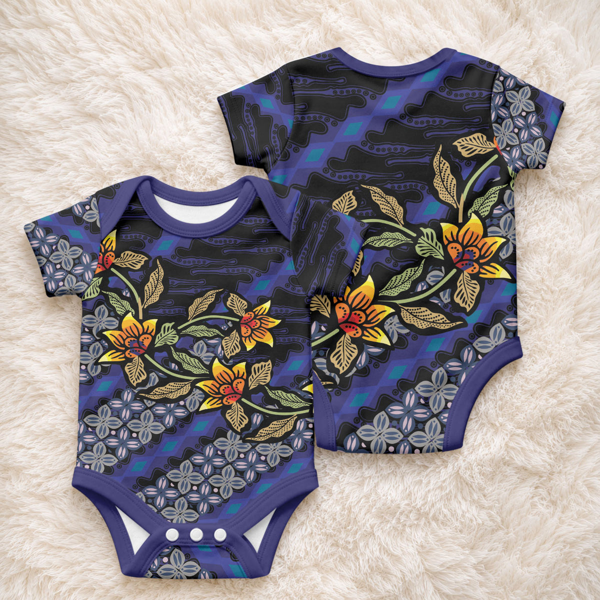 Indonesian Batik Motifs Pattern Floral Art Dark Blue Baby Onesie
