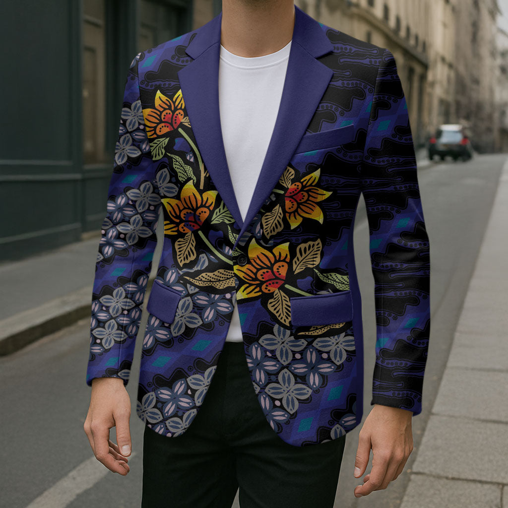 Indonesian Batik Motifs Pattern Floral Art Dark Blue Blazer