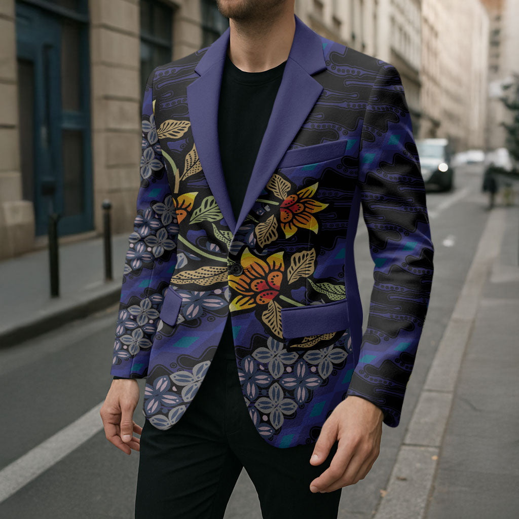 Indonesian Batik Motifs Pattern Floral Art Dark Blue Blazer