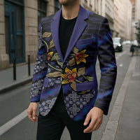 Indonesian Batik Motifs Pattern Floral Art Dark Blue Blazer