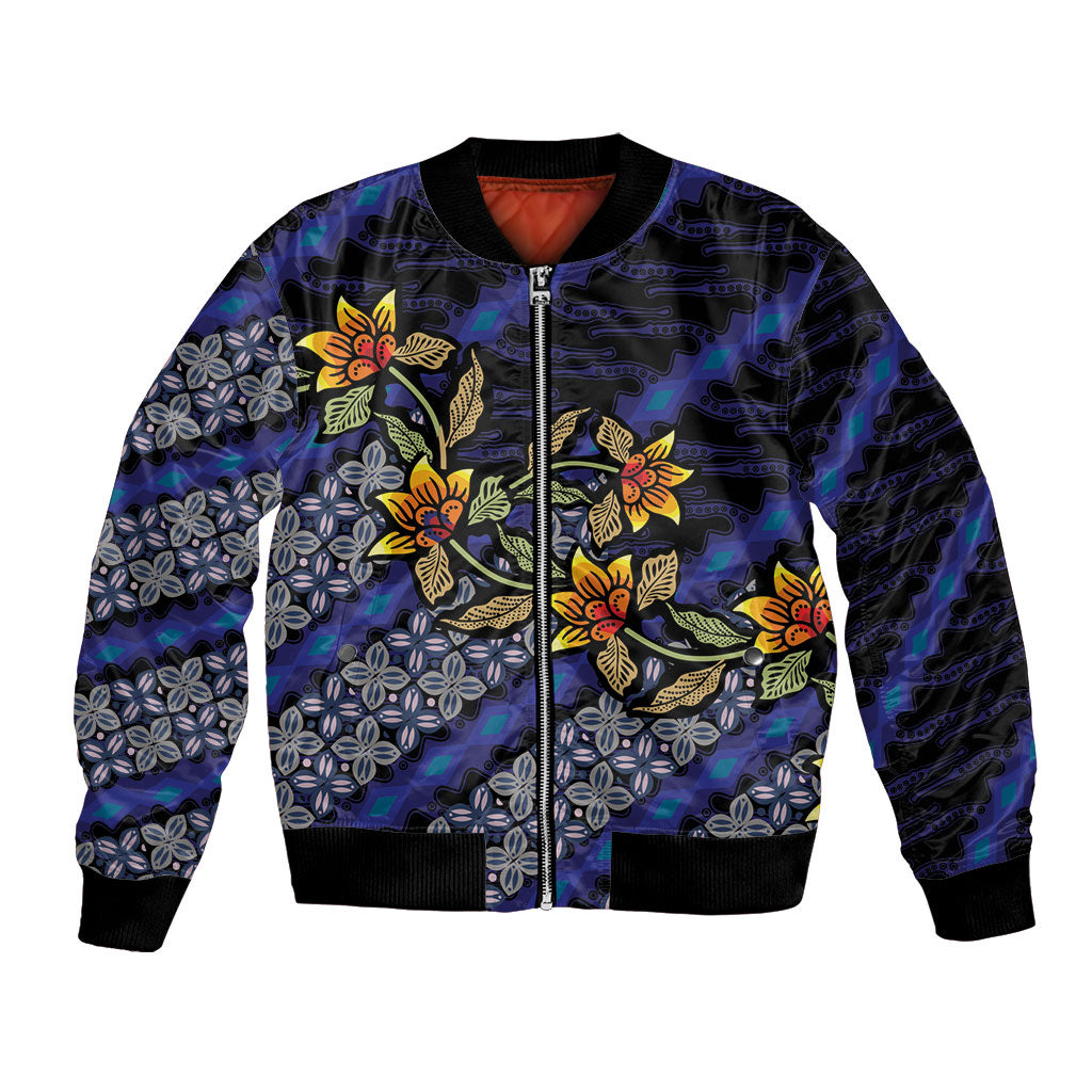 Indonesian Batik Motifs Pattern Floral Art Dark Blue Bomber Jacket