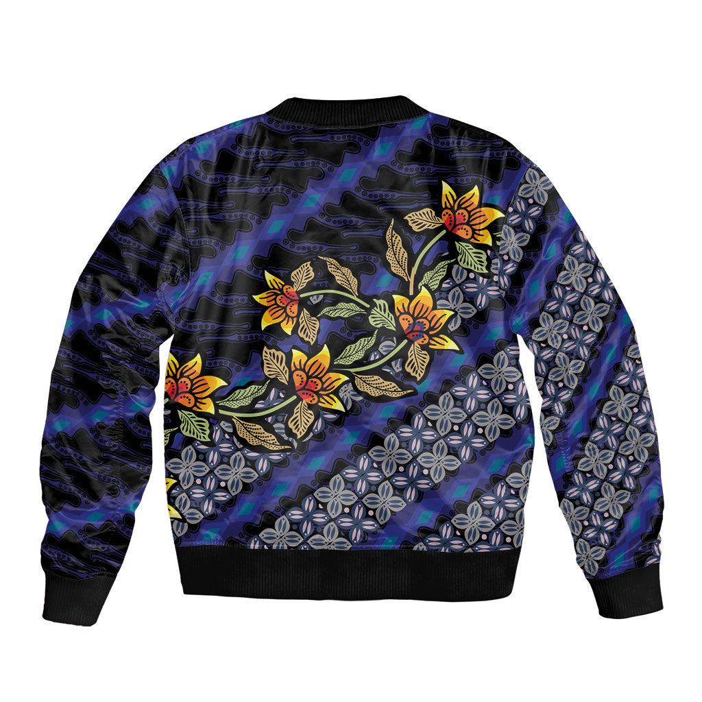 Indonesian Batik Motifs Pattern Floral Art Dark Blue Bomber Jacket