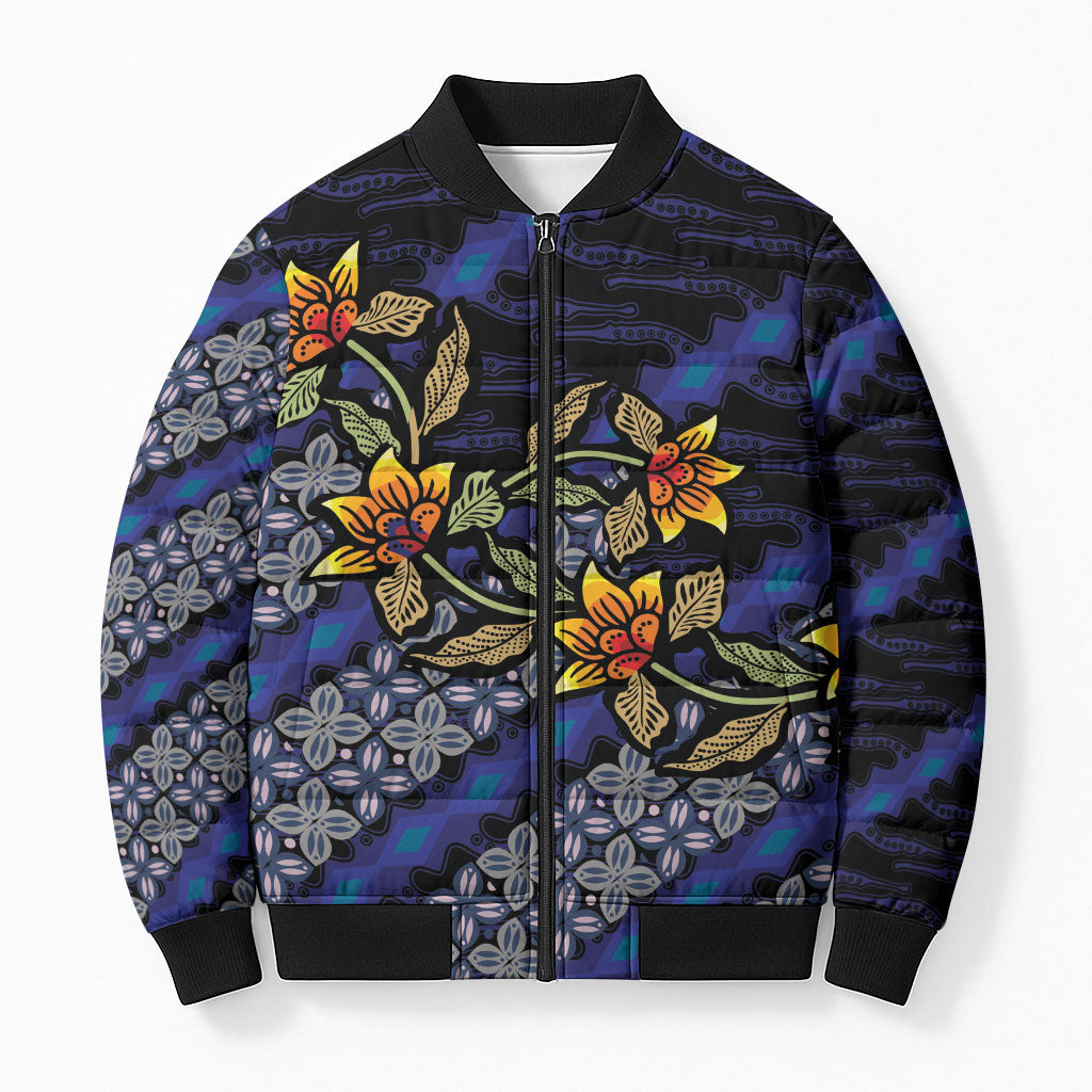 Indonesian Batik Motifs Pattern Floral Art Dark Blue Bomber Puffer Jacket