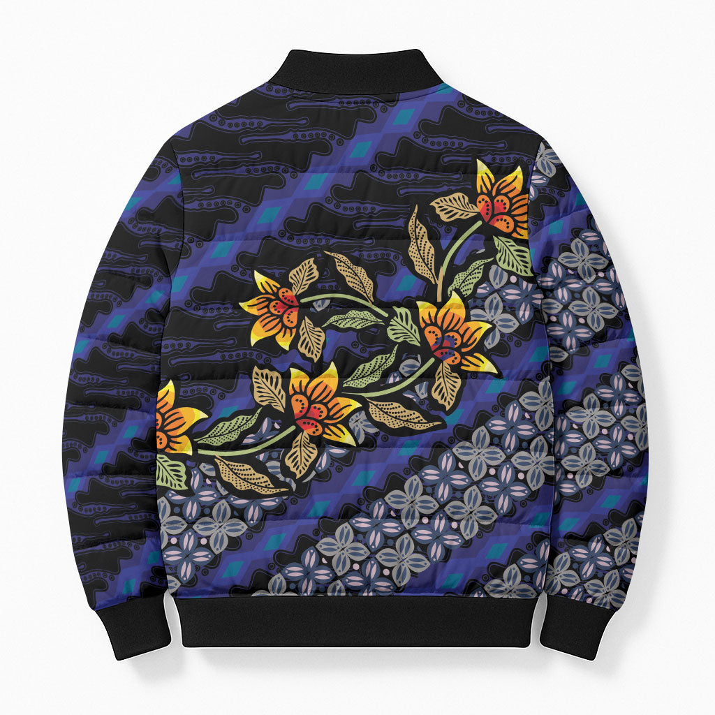 Indonesian Batik Motifs Pattern Floral Art Dark Blue Bomber Puffer Jacket