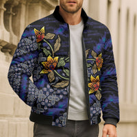 Indonesian Batik Motifs Pattern Floral Art Dark Blue Bomber Puffer Jacket