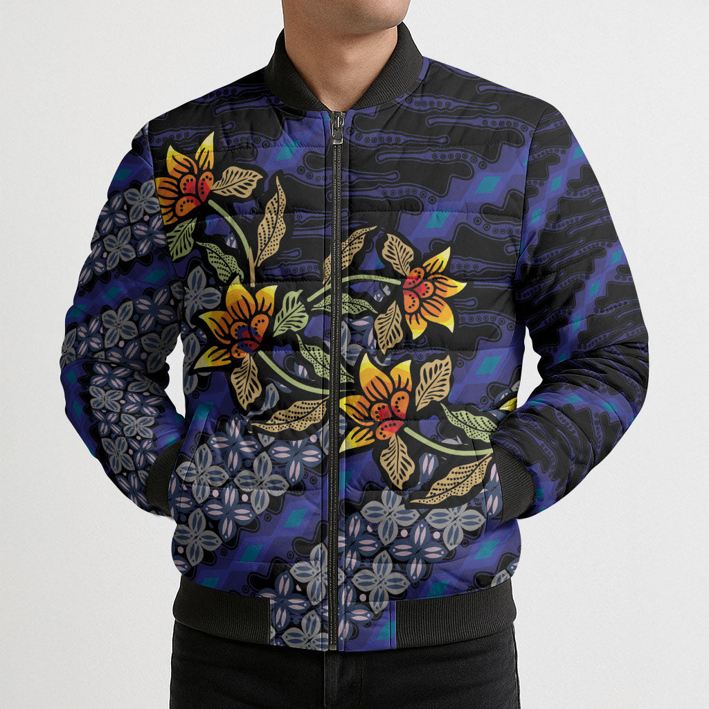 Indonesian Batik Motifs Pattern Floral Art Dark Blue Bomber Puffer Jacket