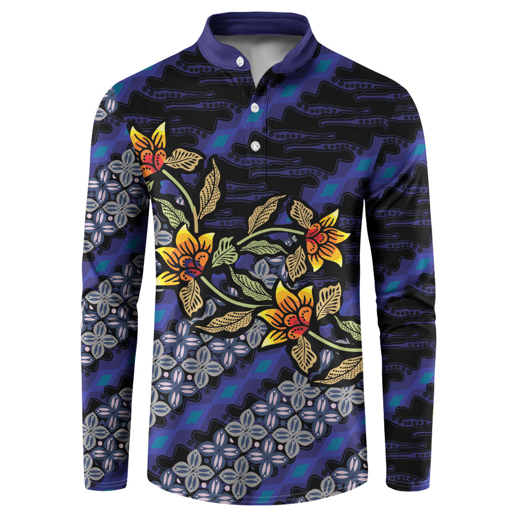 Indonesian Batik Motifs Pattern Floral Art Dark Blue Button Sweatshirt