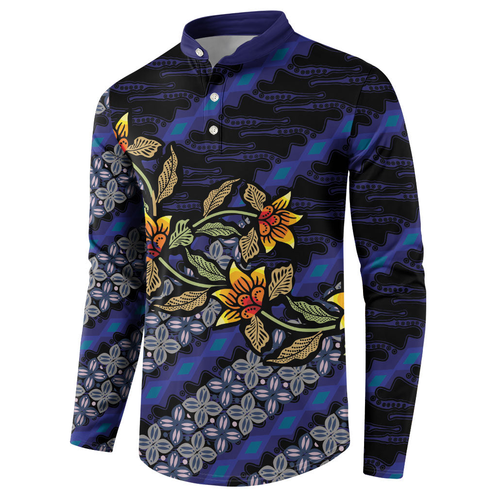 Indonesian Batik Motifs Pattern Floral Art Dark Blue Button Sweatshirt