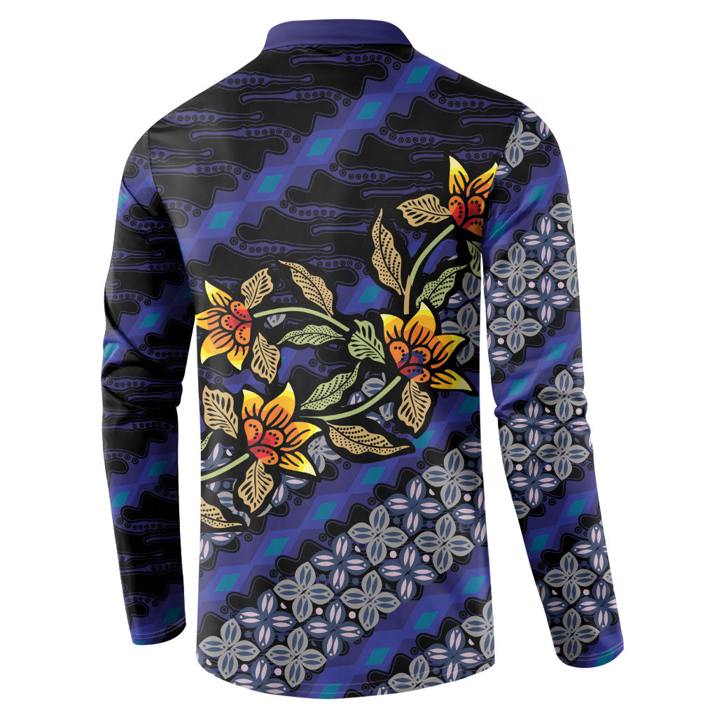 Indonesian Batik Motifs Pattern Floral Art Dark Blue Button Sweatshirt
