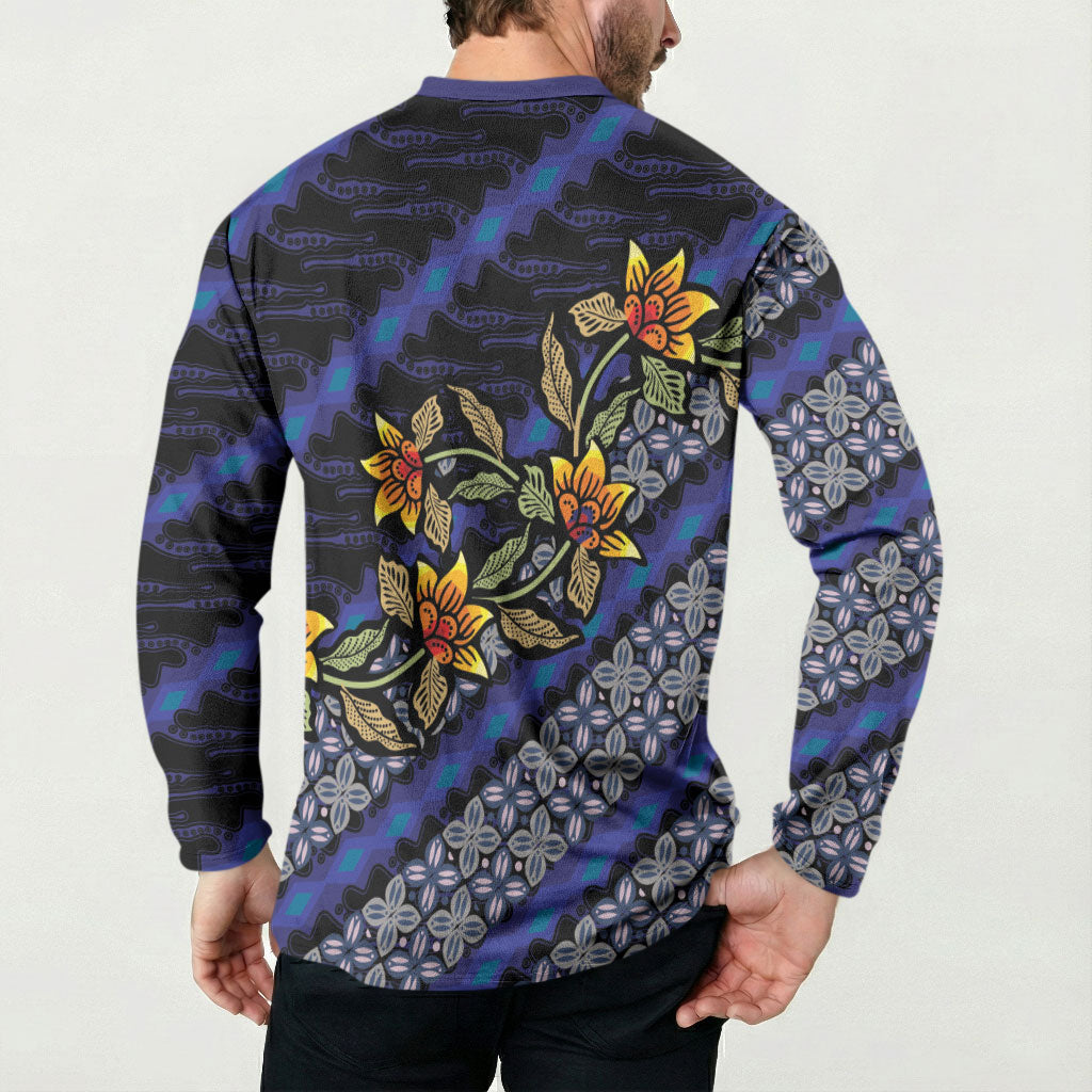 Indonesian Batik Motifs Pattern Floral Art Dark Blue Button Sweatshirt