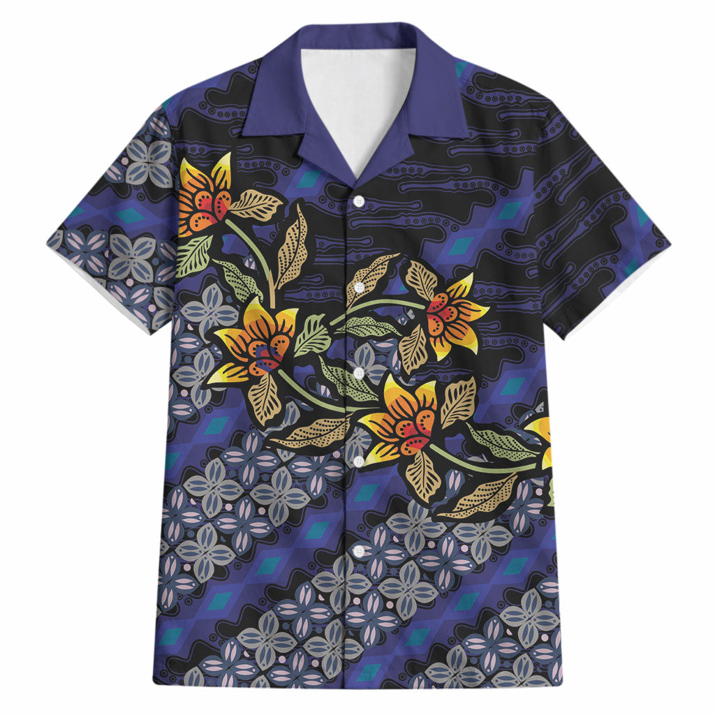 Indonesian Batik Motifs Pattern Floral Art Dark Blue Hawaiian Shirt