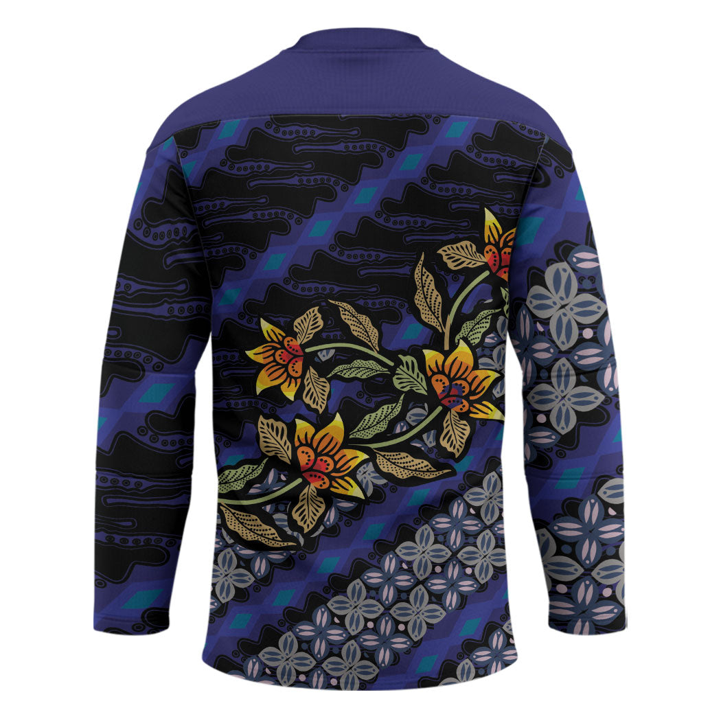 Indonesian Batik Motifs Pattern Floral Art Dark Blue Hockey Jersey