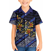 Indonesian Batik Motifs Pattern Floral Art Dark Blue Kid Hawaiian Shirt