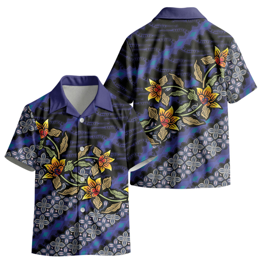 Indonesian Batik Motifs Pattern Floral Art Dark Blue Kid Hawaiian Shirt