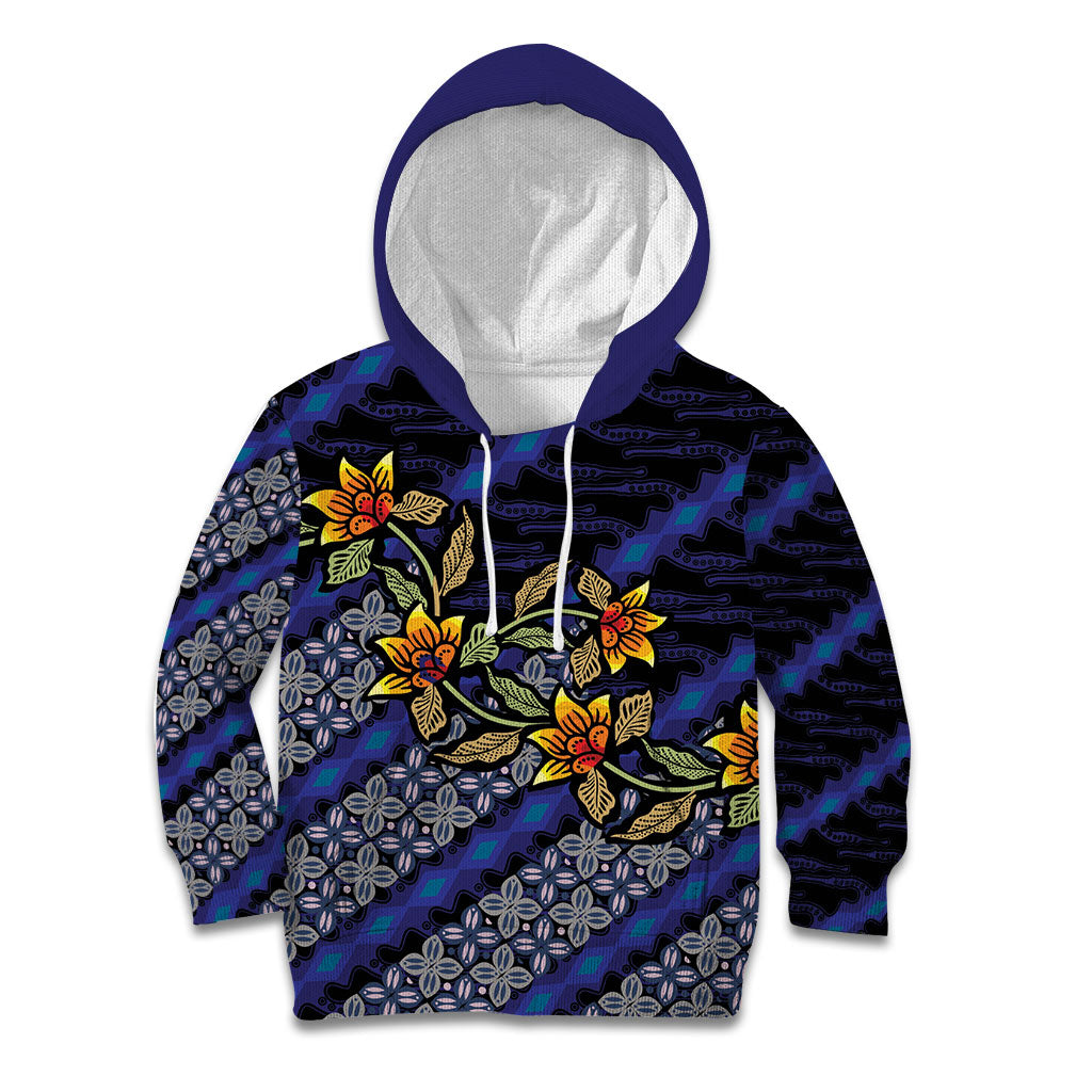 Indonesian Batik Motifs Pattern Floral Art Dark Blue Kid Hoodie