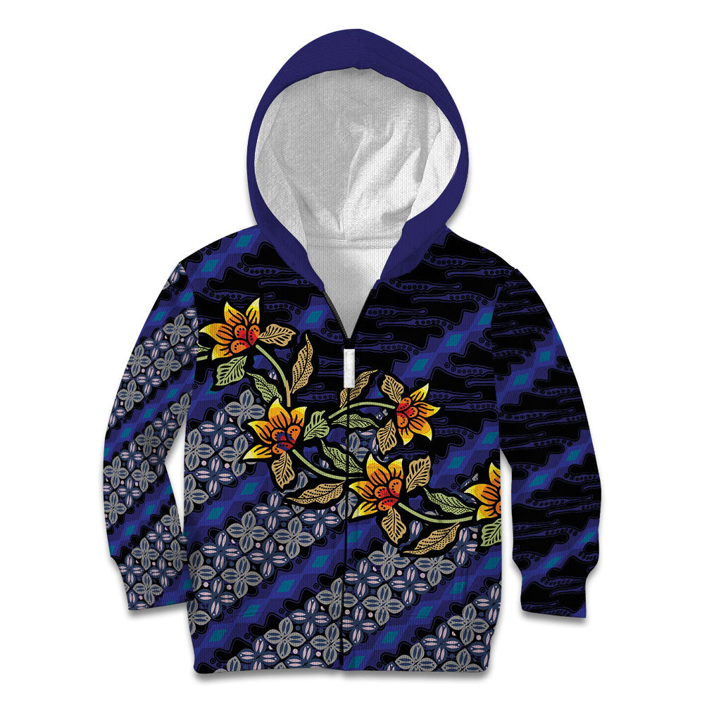 Indonesian Batik Motifs Pattern Floral Art Dark Blue Kid Hoodie