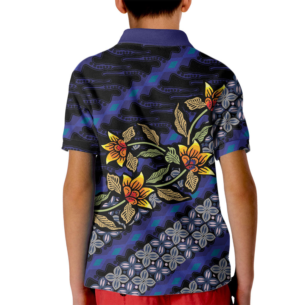 Indonesian Batik Motifs Pattern Floral Art Dark Blue Kid Polo Shirt