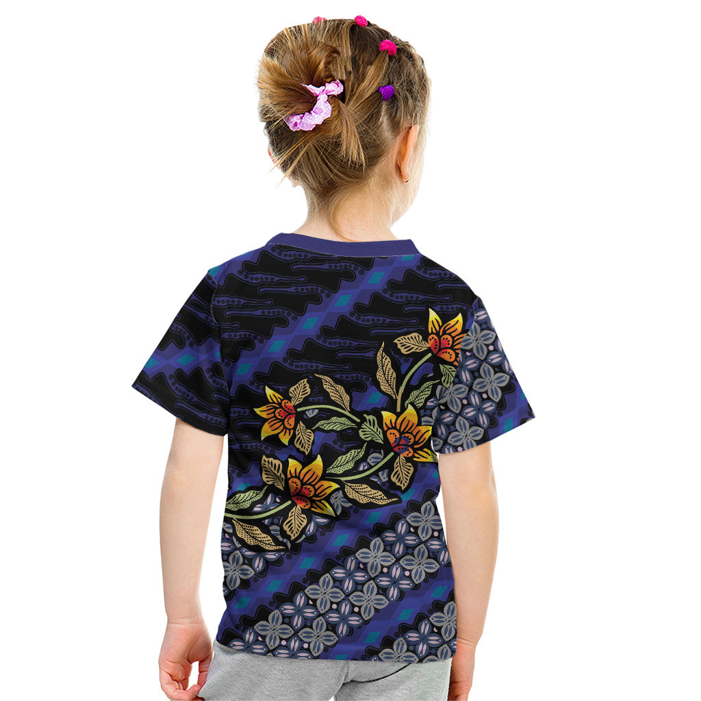 Indonesian Batik Motifs Pattern Floral Art Dark Blue Kid T Shirt