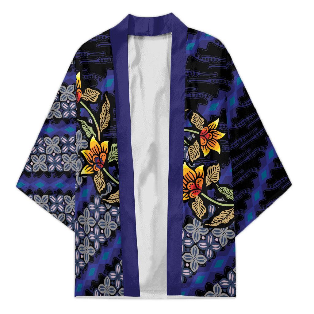 Indonesian Batik Motifs Pattern Floral Art Dark Blue Kimono
