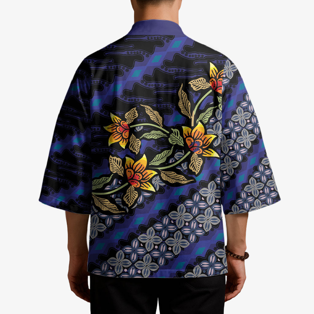 Indonesian Batik Motifs Pattern Floral Art Dark Blue Kimono
