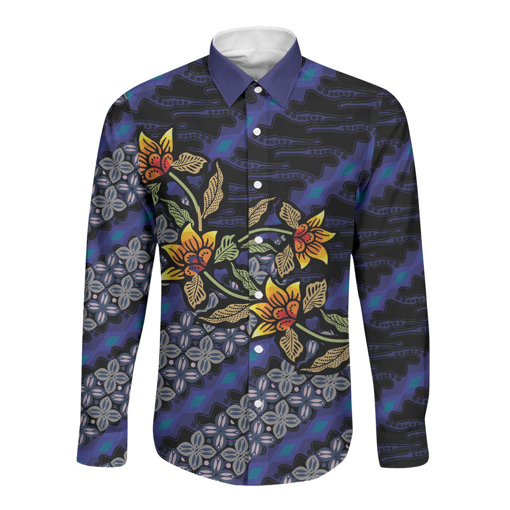 Indonesian Batik Motifs Pattern Floral Art Dark Blue Long Sleeve Button Shirt