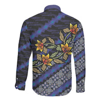 Indonesian Batik Motifs Pattern Floral Art Dark Blue Long Sleeve Button Shirt