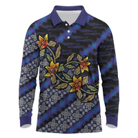 Indonesian Batik Motifs Pattern Floral Art Dark Blue Long Sleeve Polo Shirt
