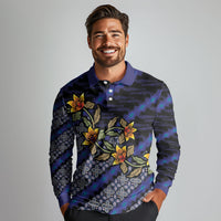 Indonesian Batik Motifs Pattern Floral Art Dark Blue Long Sleeve Polo Shirt