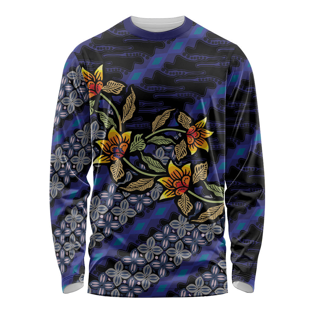 Indonesian Batik Motifs Pattern Floral Art Dark Blue Long Sleeve Shirt