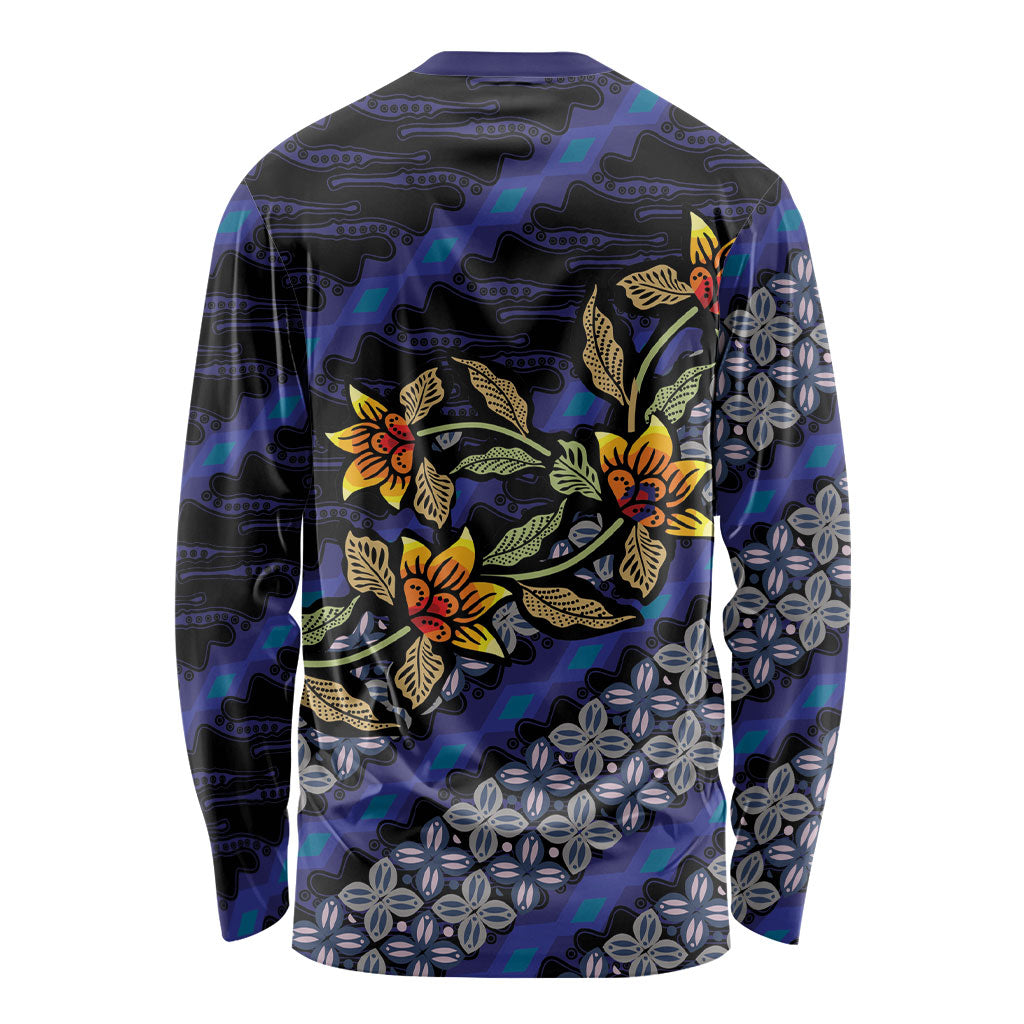 Indonesian Batik Motifs Pattern Floral Art Dark Blue Long Sleeve Shirt