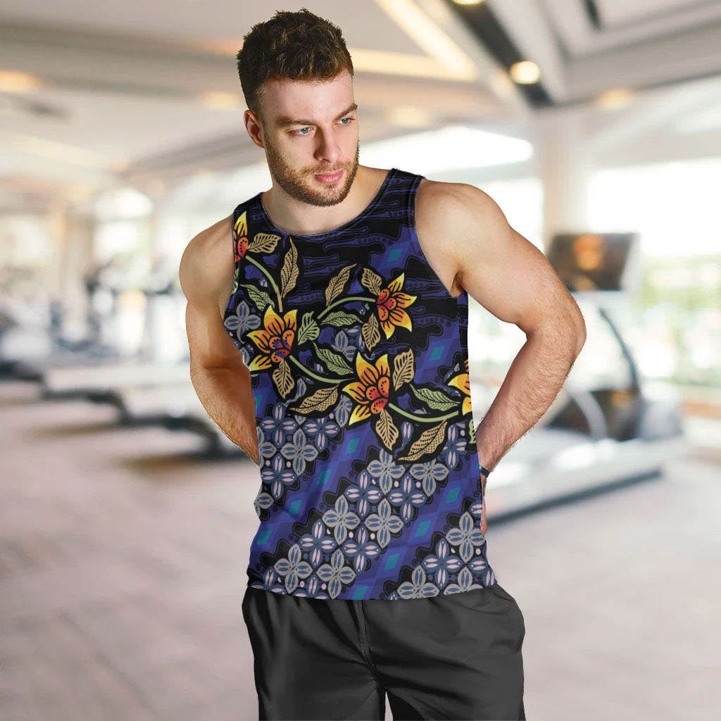 Indonesian Batik Motifs Pattern Floral Art Dark Blue Men Tank Top