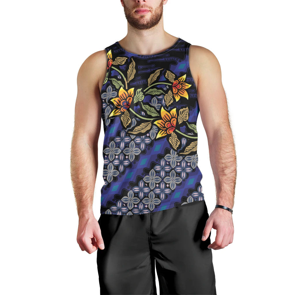 Indonesian Batik Motifs Pattern Floral Art Dark Blue Men Tank Top