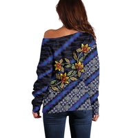 Indonesian Batik Motifs Pattern Floral Art Dark Blue Off Shoulder Sweater